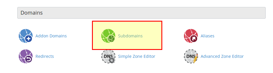 CPanel domains group with subdomain link highlighted